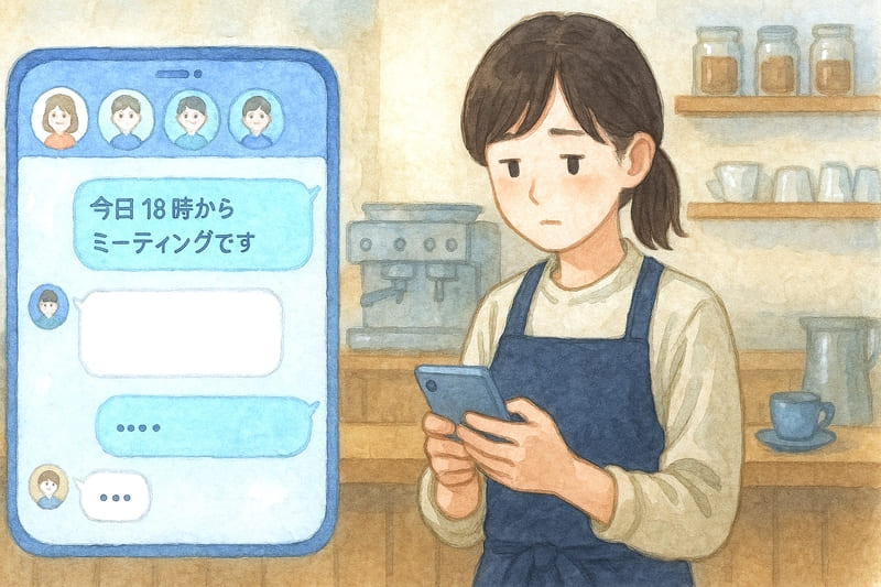 グループLINEの画面を開くアルバイトの女性