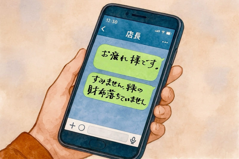 店長にLINEで「お疲れ様です。すみません、緑の財布落ちていませんでしたか?」と送る画面