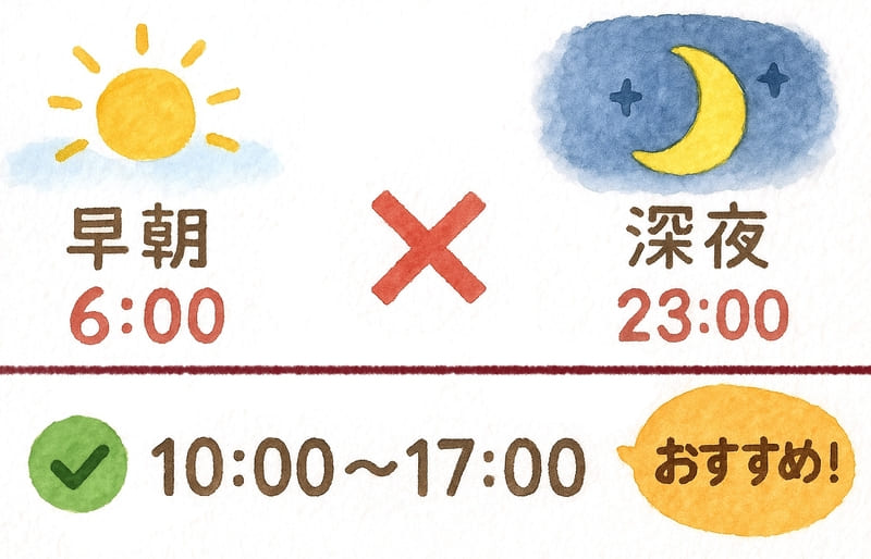早朝6時や深夜23時などは避ける。
10時から17時がおすすめ!