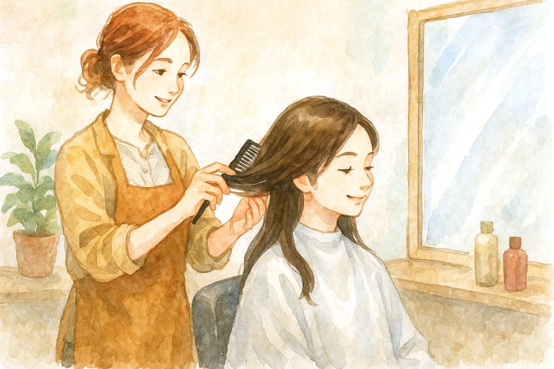 美容院で施術してもらっている女性