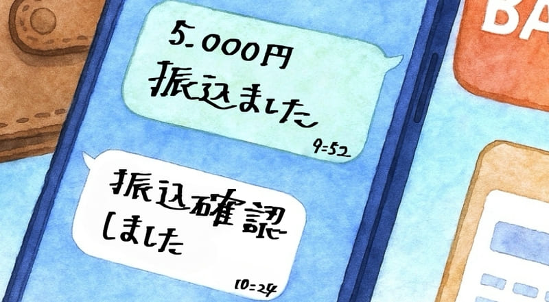 「5000円振り込みました」というLINEに対し、「振込確認しました」と返事が来たLINE画面