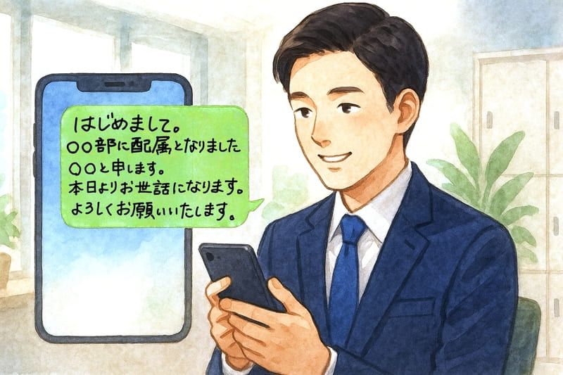 会社のLINEグループに参加して、あいさつ文を送るサラリーマン。
LINE文面は「はじめまして。○○部に配属となりました○○と申します。本日よりお世話になります。よろしくお願いいたします。」