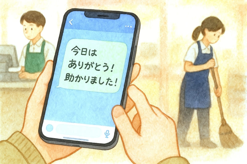 バイト仲間からのLINE画面「今日はありがとう!助かりました!」